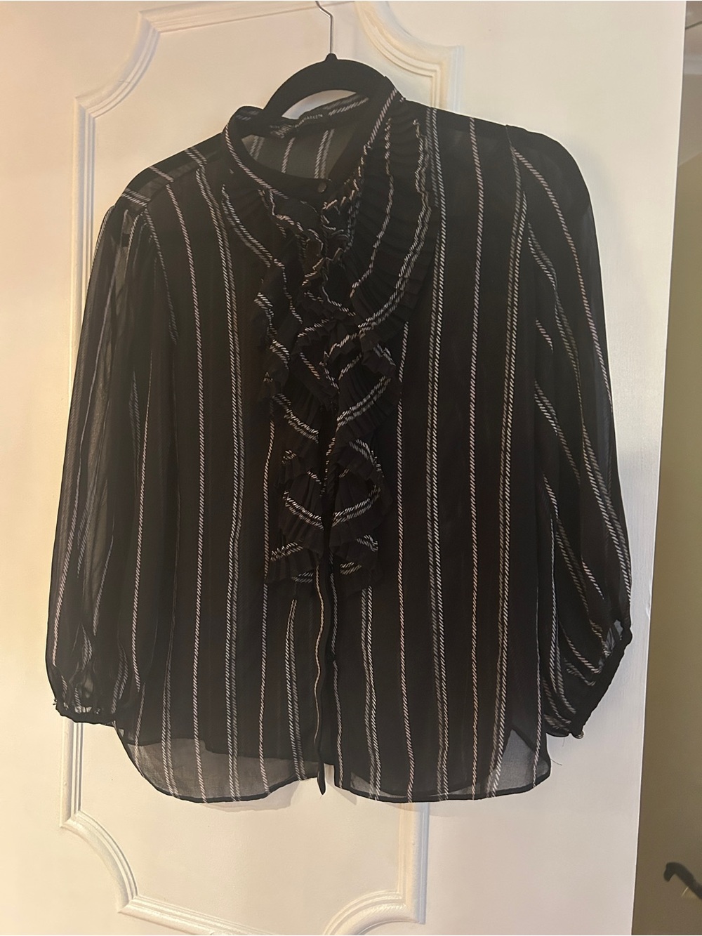 White House Black Market Black and White Striped Ruffle Blouse
